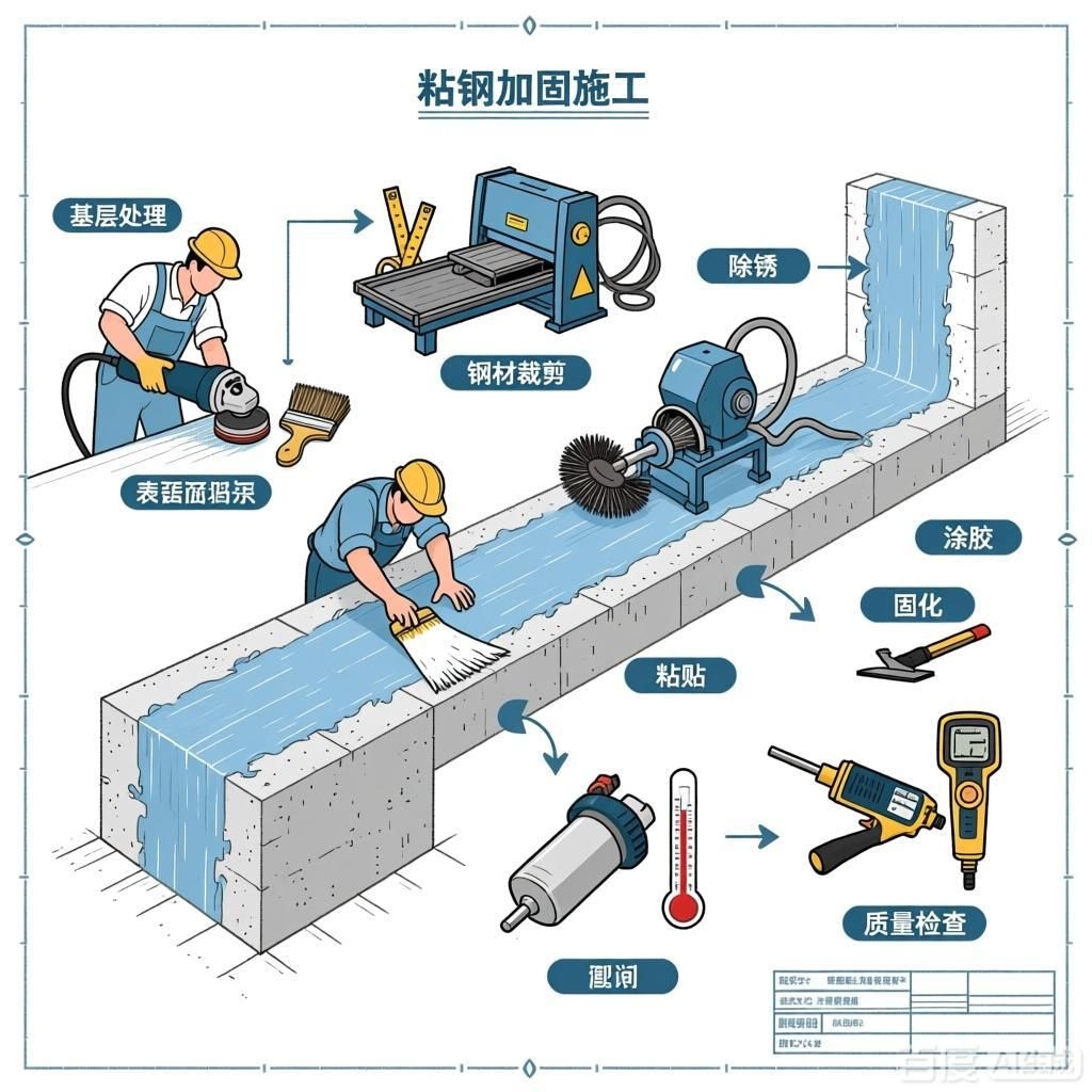 如何繪制粘鋼加固施工工藝流程圖？（如何繪制粘鋼加固施工工藝流程圖生成四張粘鋼加固施工工藝流程圖）